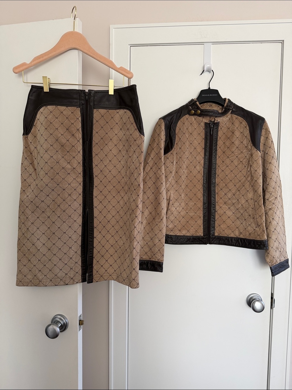 Wilson Leather MAXIMA Suede Print Brown Leather  Jacket Skirt Suit Size:10/L